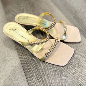 Giuseppe Zanotti kitten heel studded slides, gold size 37 with rhinestone straps